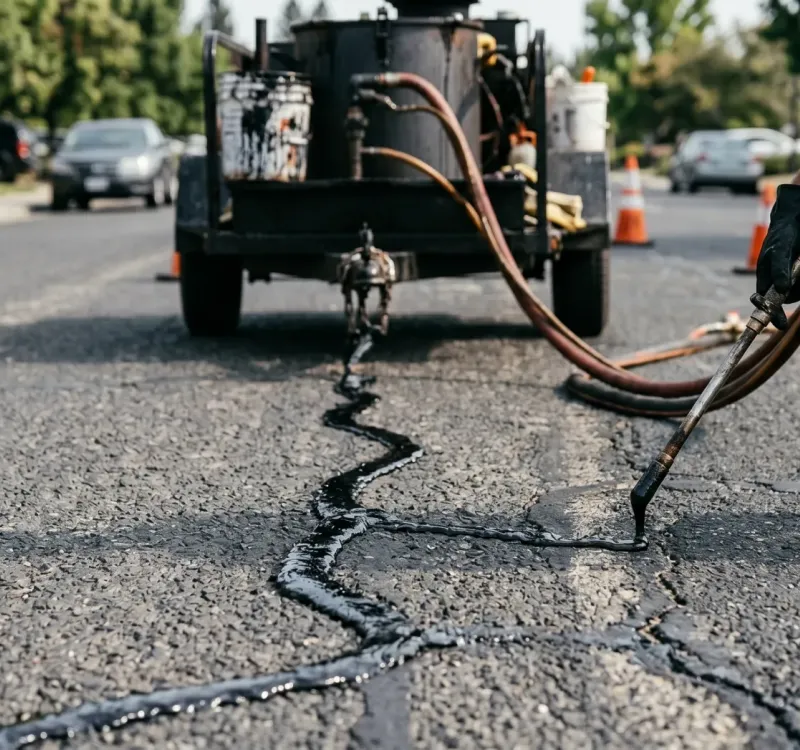 Road worker using a shovel to apply FixQuick cold mix asphalt for road repair, wearing high-visibility safety clothing.