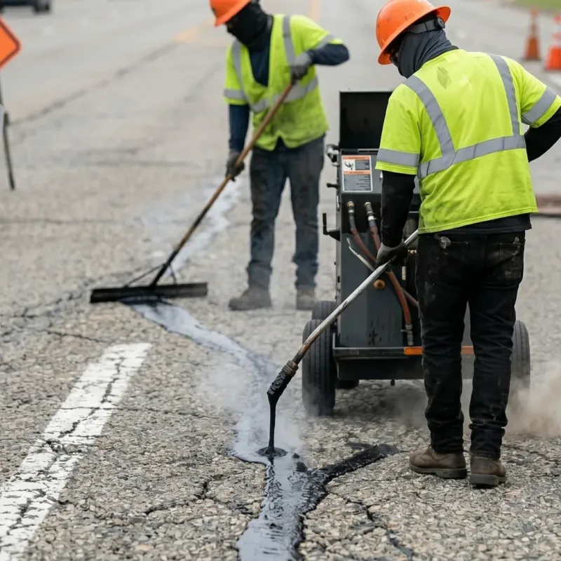 Ground-level view of a road maintenance crew sealing cracks on a city street. A worker wearing an orange hard hat and a face covering operates a melter-applicator machine, while a construction sign reading 'Work Ahead' and 'Crack Sealing' stands near traffic cones in the background.