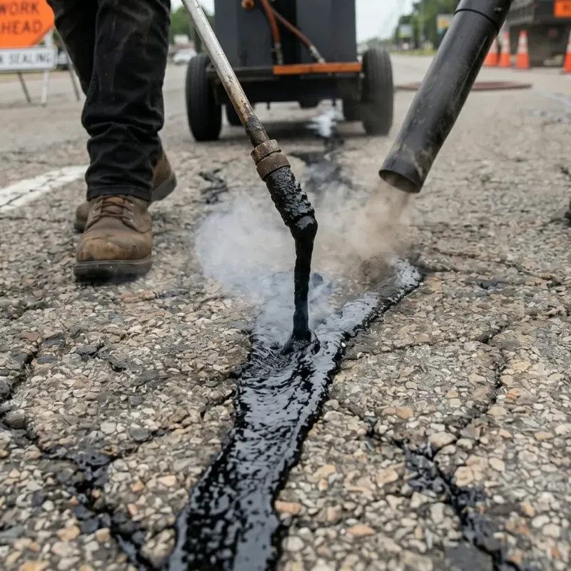 A low-angle close-up shot focusing on thick, glossy black sealant pouring from a metal applicator wand directly into a deep crack in the pavement. The lower legs of road workers in work boots are visible on either side, alongside a dust blower clearing the surface.