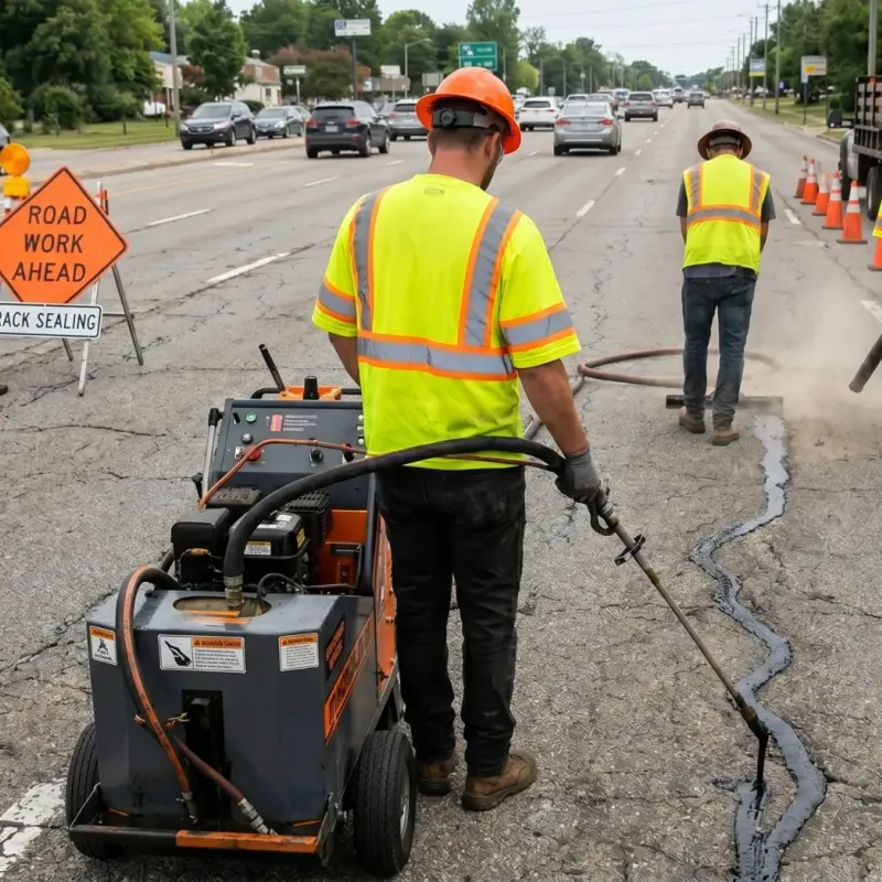 Behind-the-shoulder view of a road construction worker using a wand applicator to inject hot rubberized sealant into a long crack on an asphalt road. Two other workers in high-visibility vests and hard hats assist with a squeegee and a leaf blower in the background, with their faces turned away.